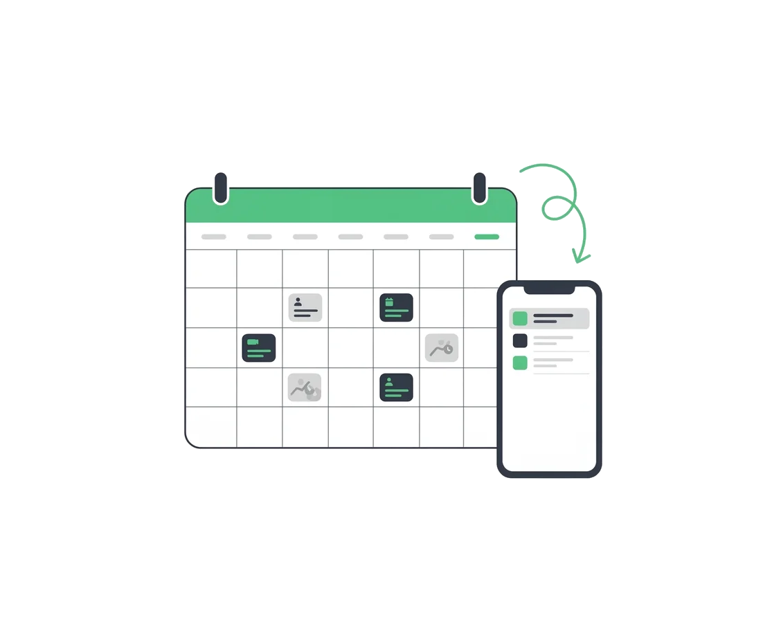 A weekly calendar of booked jobs shown next to the same schedule on a phone