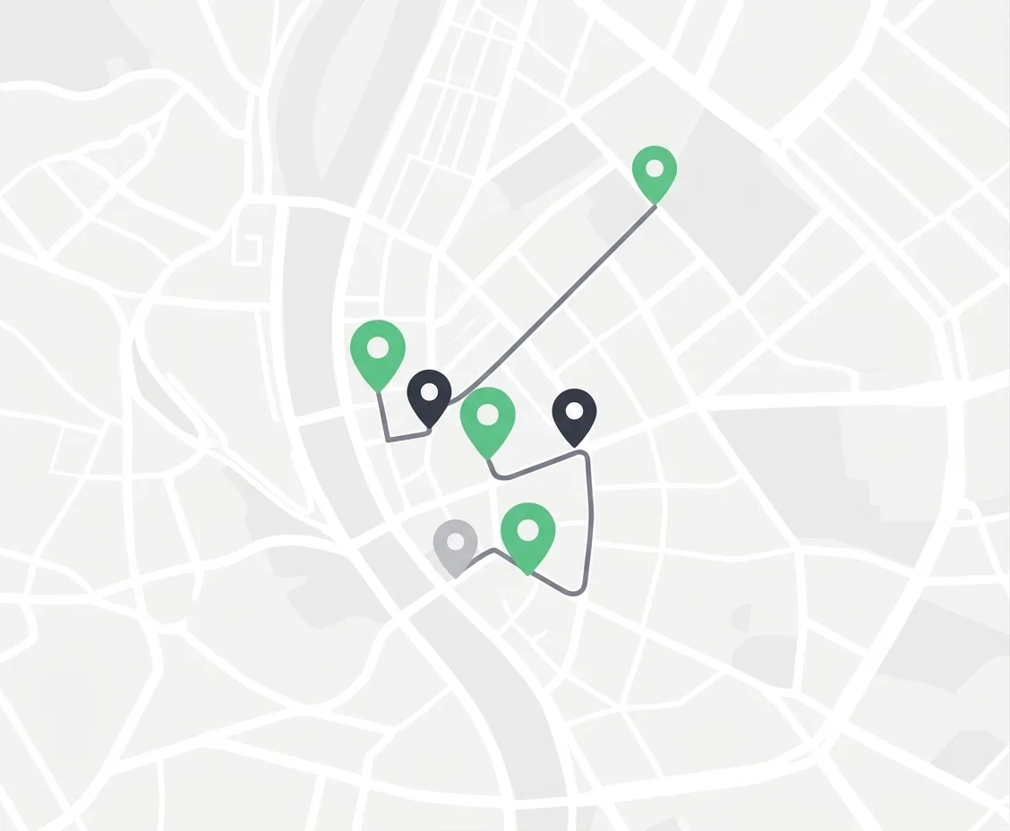 A city map showing several nearby jobs linked by one short route, with distant jobs greyed out